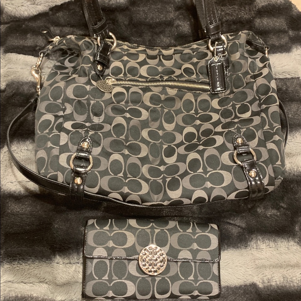 Black Canvas Coach Hobo Bag with Matching Wallet